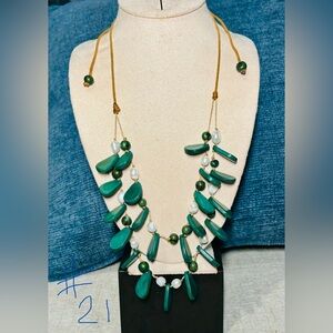 Chicos Casual Green Wood and White Beaded Necklace on adjustable chord
